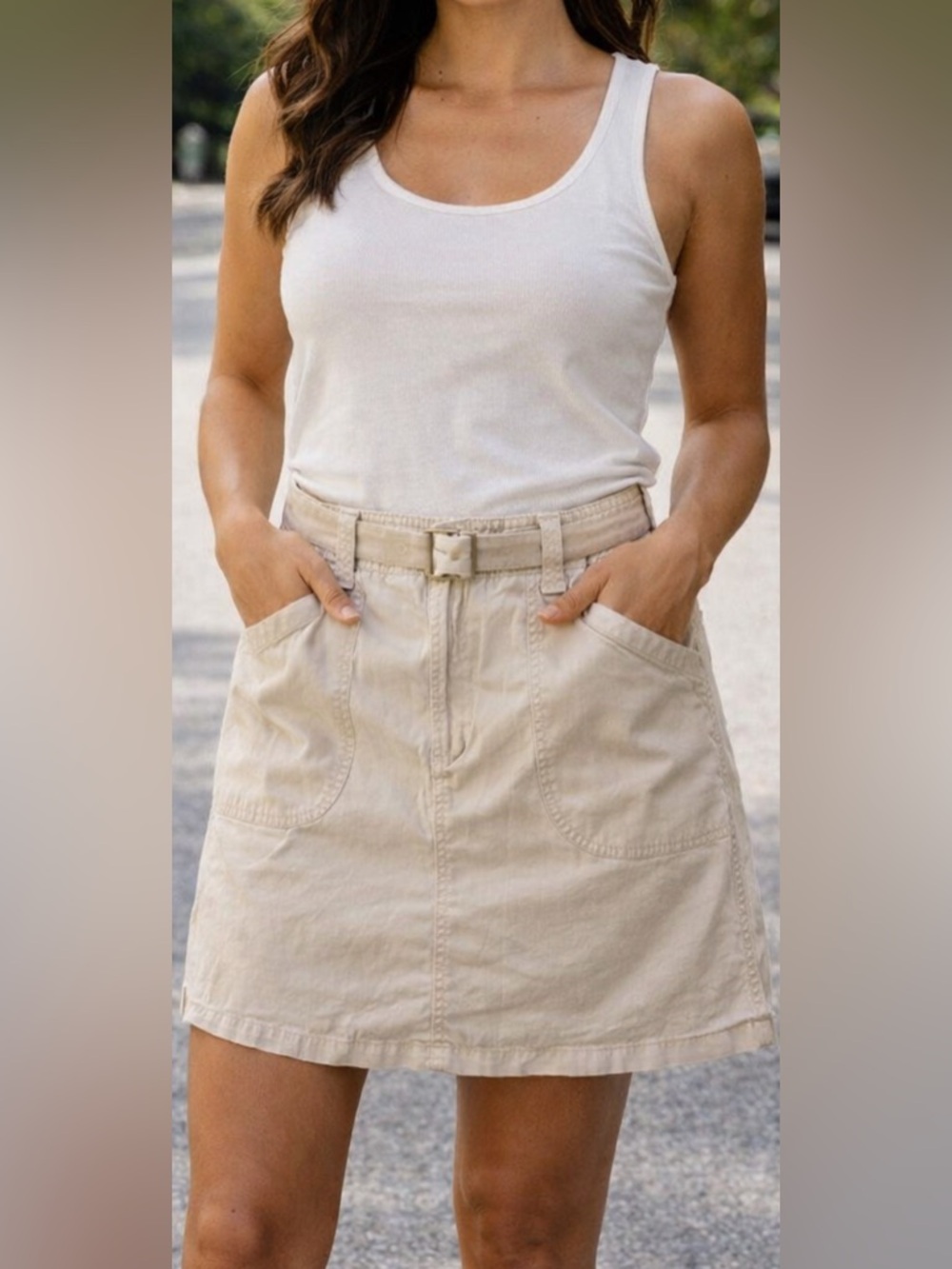 CHAUS Utility Cargo Skirt Beige Khaki Size 14 Belted Pockets